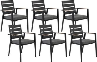 Beliani Conjunto De 6 Sillas De Jard&iacute;n De Metal Negro Gris Madera Clara Cojines Taviano