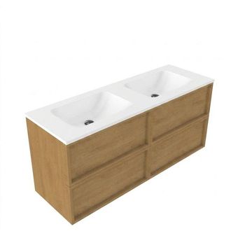 Saniclass Holz Frame Badkamermeubelset - 140x45x77.5cm - Torino solid surface wastafel wit - zonder kraangat - 4 lades - mat eiken natural (hout)