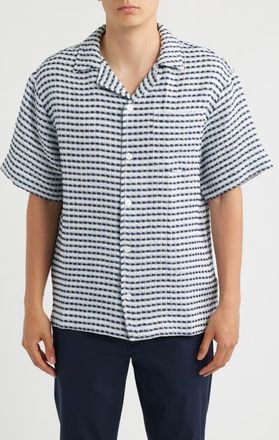 CH&Eacute; Studios Riita Waffle Linen Camp Shirt in Blue at Nordstrom, Size Xx-Large