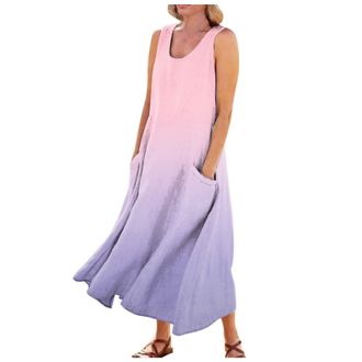 Generic Womens Summer Sleeveless Linen Maxi Dress Casual Loose Beachdress Ladies Solid Colour Tunic Tank Dresess with Pockets,Pink,3XL