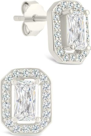 Sterling Forever Sterling Silver Emerald Cut Brilliant Halo Studs