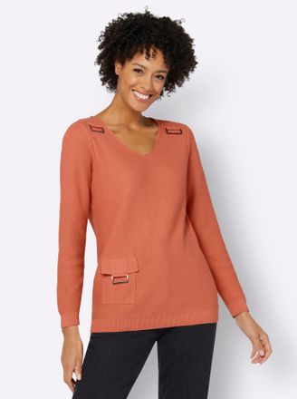 Casual Looks V-Ausschnitt-Pullover CASUAL LOOKS Pullover, Damen, Gr. 36, orange (papaya), 100% Baumwolle, unifarben, Pullover V-Ausschnitt-Pullover
