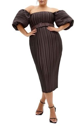 City Chic Krista Off the Shoulder Midi Dress in Chocolate at Nordstrom, Size Xxxs