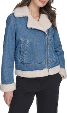Levi's Faux Shearling Lined Denim Moto Jacket in Medium Wash Denim at Nordstrom, Size X-Large