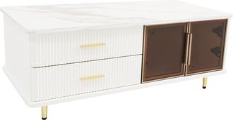 STILVORA Mesa De Centro Con 2 Cajones Y 2 Puertas, Led Multicolor, Vidrio Templado Marr&oacute;n, Efecto M&aacute;rmol, En Tablero De Part&iacute;culas, Blanco, 100&times;50&times;40 Cm
