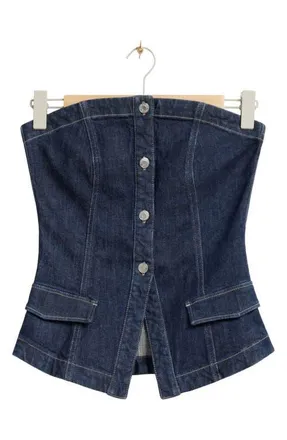 & Other Stories Strapless Organic Cotton Blend Denim Top in Rinse Blue at Nordstrom, Size 2