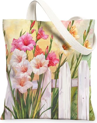 Generic Spring Gladiolus Fence Flower Canvas Tote Bag for Shopping 13x15, Farmhouse Cute Floral Reusable Grocery Print Bag for Women Men, Fun Country Aestheti