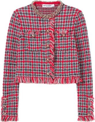 Self Portrait Check Frayed Knit Jacket
