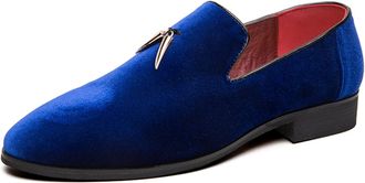 Generic Loafers Shoes Men Fashion Slip on Metal Fringed Round Toe Velvet Smoking Slipper Moccasins Driving Shoes Black Blue Red (Blue,11.5)