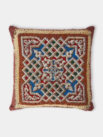 By Walid 19th-Century Beaded and Needlepoint Wool and Damask Cushion (19.5in/50cm)