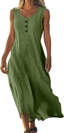 Generic Womens Pure Linen 100% Crew Neck Sleeveless Summer Dress Womens Linen Large Sizes Dresses Casual V Neck Dress Short Sleeve A Line Beach Boho Tiered Ru