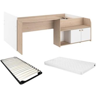Vente-Unique Letto combinato 90 x 190/200 cm Naturale e bianco + Rete + Materasso - MIVONA