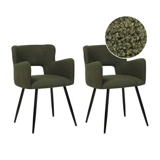 Beliani Conjunto De 2 Sillas De Comedor Modernas Asiento Tapizado En Tela Boucl&eacute; Con Reposabrazos Acolchado Verde Oscuro Sanilac