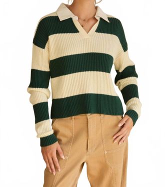 Skies Are Blue Clothing Striped Ribbed Knit Polo Shirt In Cream-Hunter Green