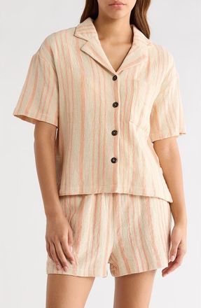 Elan Knit Short Sleeve Button-Up Cover-Up Shirt in Cayenne Stripe at Nordstrom, Size X-Large
