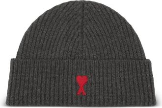 Ami Grijze Gebreide Hoed met Geborduurd Logo - Heren - Hoeden - Grijs - ONE Size - Wol - Accessoires
