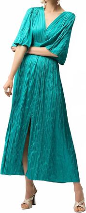 Joseph Ribkoff Pleated Satin V-Neck Maxi Dress In Oceanic