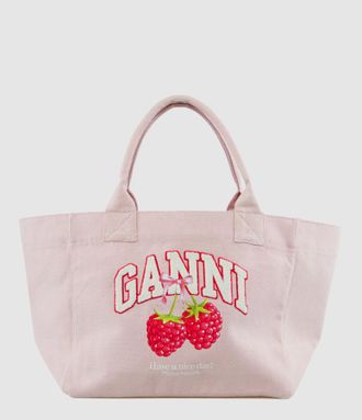 Ganni Tote Bag Medium Trapeze Shopper Raspberry Print Egret