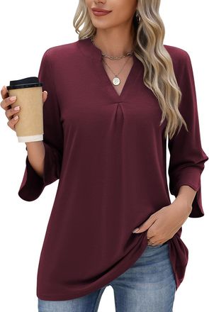 Heekpek PASUDA Womens Blouses 3/4 Length Sleeve Tops V Neck Elegant Striped Shirts Ladies Casual Loose Tunic T Shirts Fashion Dressy Baggy Business Polo Top(W