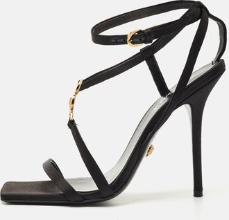 Versace Black Satin Medusa T-Strap Sandals