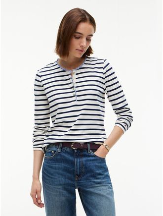 Tommy Hilfiger Womens Ruffle-Trim Striped Interlock Henley - Ivory Silk - XXL