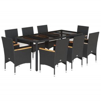 vidaXL Set Comedor Jard&iacute;n 9 Pzas Cojines Rat&aacute;n Sint&eacute;tico Vidrio Negro Vidaxl