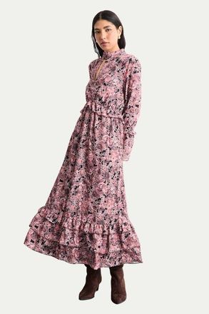 Warehouse Chiffon Shirred High Neck Midi Dress in Chocolate at Nordstrom, Size 12