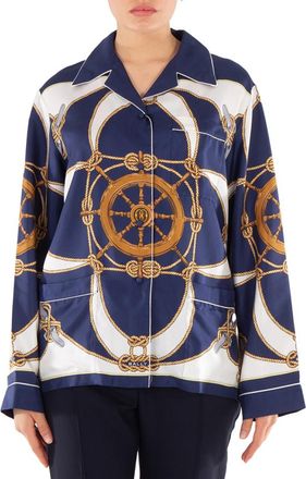 Bally Graphic-Print Notched-Collar Silk Shirt, Size Large