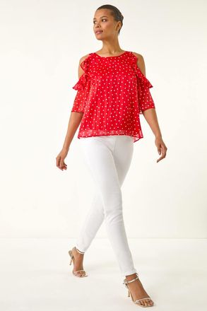 Roman Spot Print Frill Cold Shoulder Top