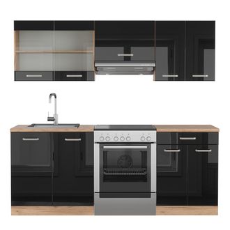 Vicco Mueble De Cocina R-line, Roble Negro/dorado De Alto Brillo, 200 Cm, Et Roble