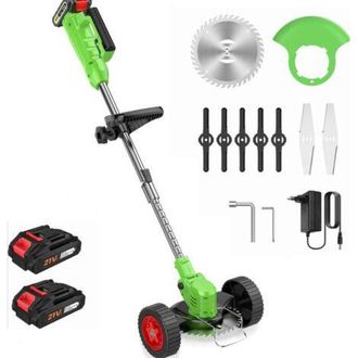 OEM Desbrozadora El&eacute;ctrica Inal&aacute;mbrica De 21 V, Recortadora Inal&aacute;mbrica Con 2 Bater&iacute;as Y 3 Tipos De Cuchillas, Ruedas Extra&iacute;bles, Altura Ajustable, Cortac