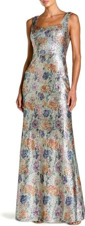 Mac Duggal Floral Sequin Sleeveless Square Neck Fitted Gown in Silver Multi at Nordstrom, Size 12