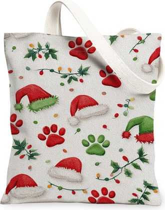 Generic Christmas Animal Paw Print Canvas Tote Bags, Red Green Hat Pattern Reusable Grocery Bags, Festive Lightweight Washable Shou, Red, 13x15 Inch
