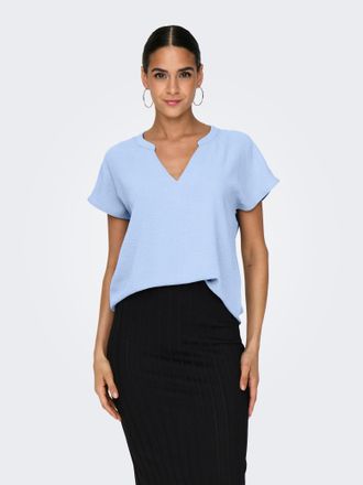 Jacqueline de Yong Shirtbluse JDY JDYLION S/S TOP WVN NOOS, Damen, Gr. 34, powder blau, Web, Obermaterial: 100% Polyester, unifarben, regular fit normal, V-Ausschnitt, B