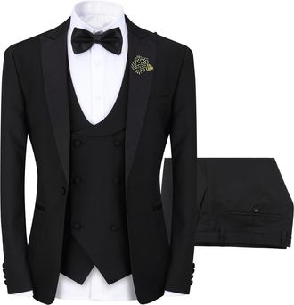 AlltheMen Zwarte 3-delige slim-fit smoking - &eacute;&eacute;n knoop, puntige revers