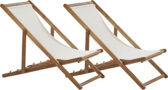 Beliani Conjunto De 2 Tumbonas De Jard&iacute;n De Tela Blanco Crema Madera De Acacia Reclinable Plegable Marr&oacute;n Claro Anzio