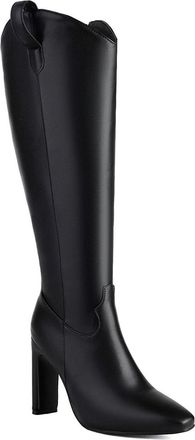 Generic Womens Square Pointy Toe Knee High Boots PU Leather Long Boot with Side Zipper Block High Heel Party Prom Shoes,Black,7.5 UK