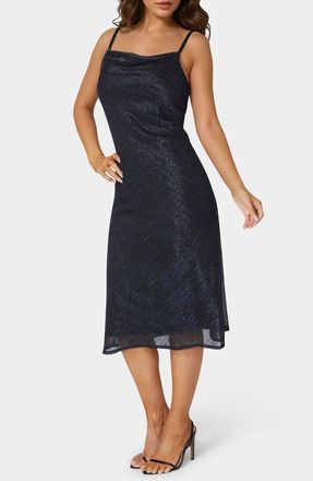 Bebe Cowl Neck Metallic Midi Slipdress in Navy at Nordstrom Rack, Size X-Small