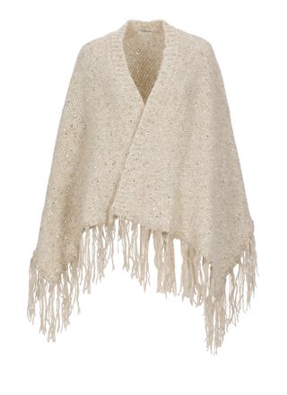 PESERICO Beige Knitted Cape With Lurex Motif And Fringed Hem