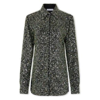Paco Rabanne Overhemden, Dames, Zwart, XS, Pailletten, Zwart Paillet Geborduurde Crepe Shirt