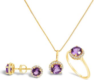 House of Brilliance 10K Gold Gemstone and 3/8 Cttw Diamond Halo Jewelry Set