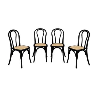 Sweeek Silla vintage de madera y rat&aacute;n, set de 4, negro