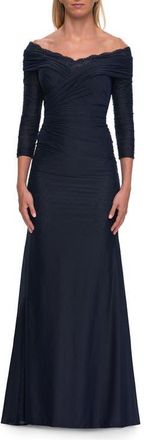 La Femme Off-the-Shoulder Three-Quarter Sleeve Gown in Navy at Nordstrom, Size 10