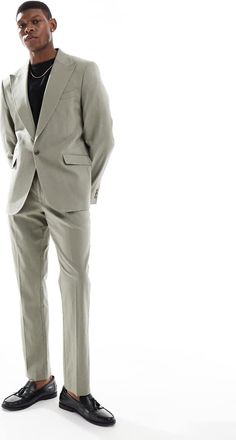 Asos Giacca da abito slim in misto lino kaki-Verde