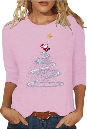 Generic Christmas Tops for Women UK Casual 3/4 Sleeve Crew Neck Tunic Shirts Funny Xmas Print Blouse Dressy Lightweight Holiday Clothes Comfy T-Shirt 2025 Fas
