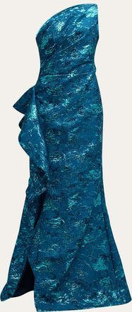 Teri Jon Metallic Jacquard One-Shoulder Side-Ruffle Gown