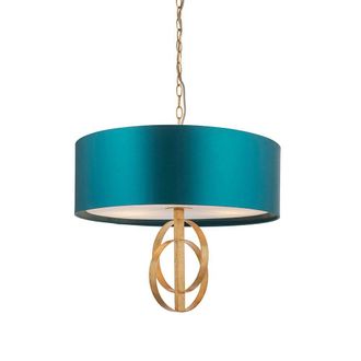 Loops Antique Gold Ceiling Pendant Light & Teal Satin Shade - 3 Bulb Hanging Fitting