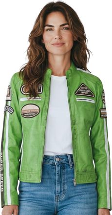Infinity Leather Womens Biker Racing Badges Green Leather Jacket-Incheon