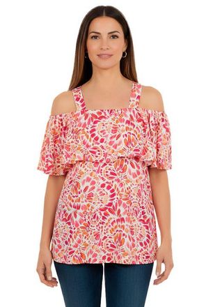 Jessica London Stretch Knit Cold Shoulder Ruffle Tunic in Pink Burst Feather at Nordstrom, Size 32