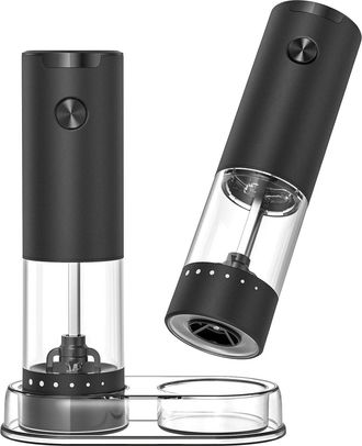 OEM Juego De Molinillos El&eacute;ctricos De Sal Y Pimienta, Molinillo De Especias A Pilas Con Base, Recipiente Transparente De 95 Ml, Luz Led Blanca Y Tama&ntilde;o De